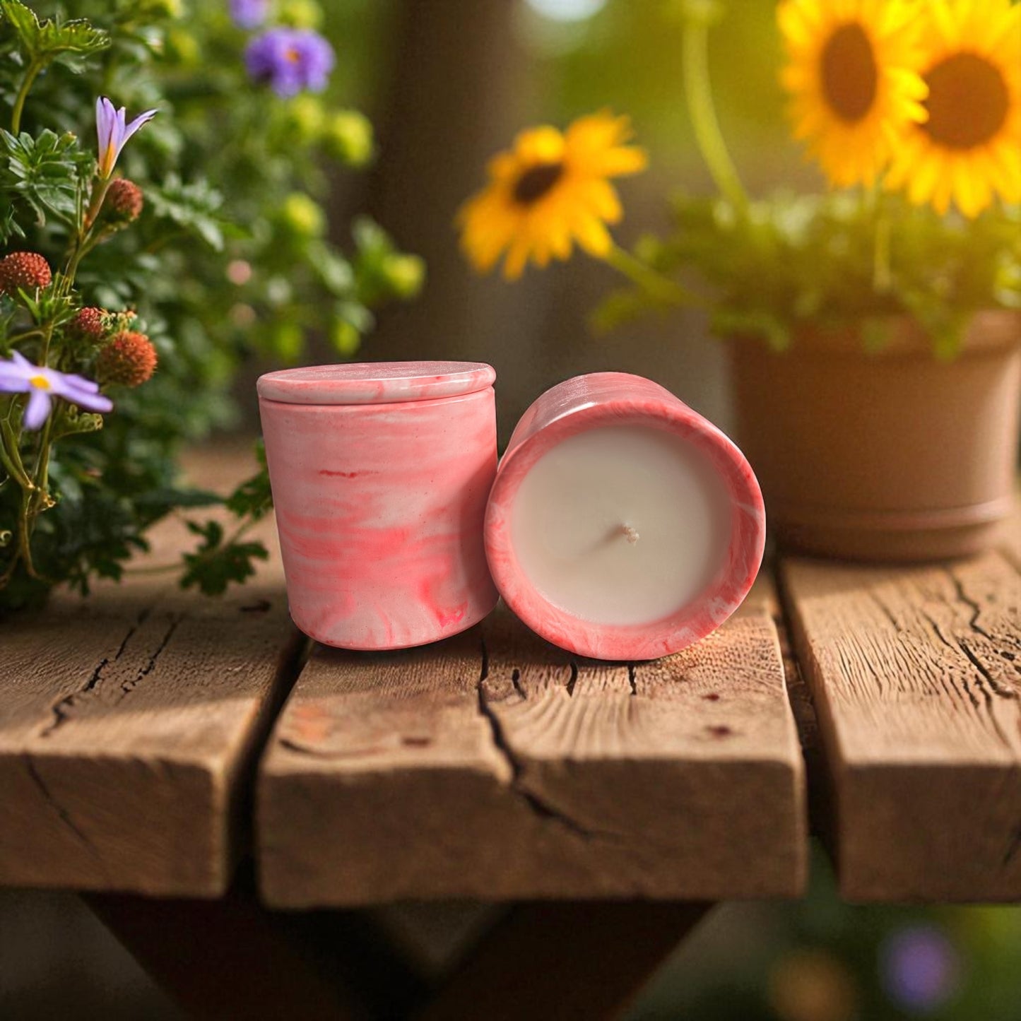 Two pink candles on a wooden surface with flowers in the background