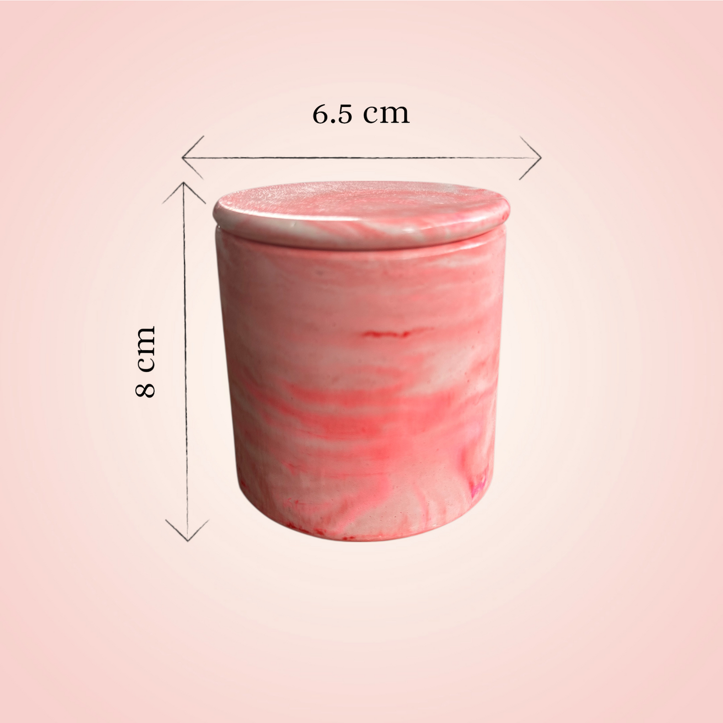 Pink marbled container with dimensions on a pink background
