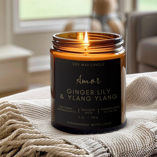 Ginger Lily & Ylang Ylang Scented Soy Wax Candle with Wooden Wick | Pure essential oil blend | 180ml - up to 40 hours | Eco-friendly!