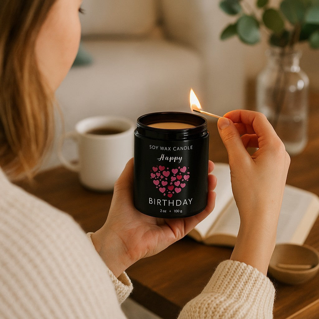 Person lighting a soy wax candle with a 'Happy Birthday' message