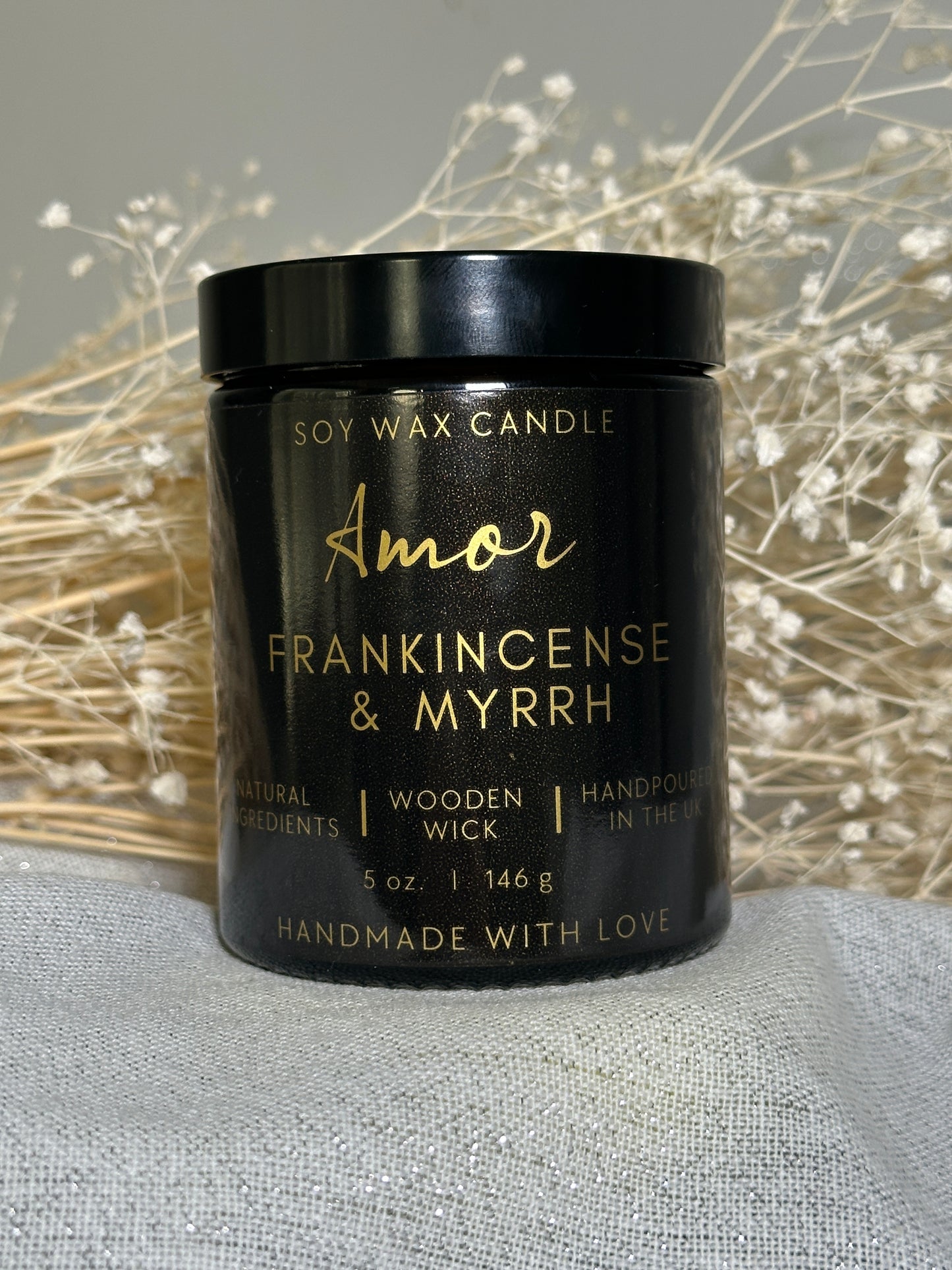 Frankincense & Myrrh  Scented Soy Wax Candle with Wooden Wick | Pure essential oil blend | 180ml - up to 40 hours | Eco-friendly! Aroma Decor Freshener Ornaments Decoration Perfume Woody Black