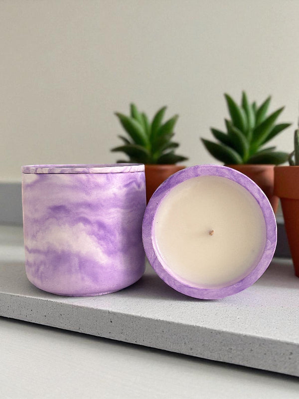 Lavender Candle – Purple Marble Jar with Wooden or Cotton Wick (45h Burn Time)