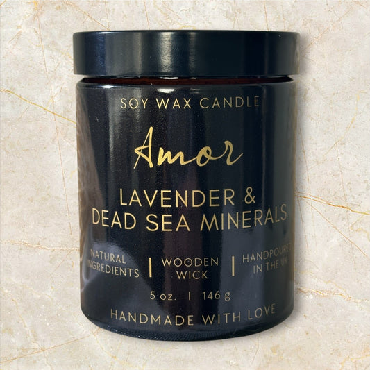 Lavender & Dead Sea Minerals Scented Soy Wax Candle with Wooden Wick | Pure essential oil blend | 180ml - up to 40 hours | Eco-friendly!
