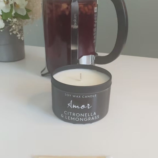 Citronella & Lemongrass Soy Travel Candle in Black Metal Tin – Mosquito-Repellent & Eco-Friendly